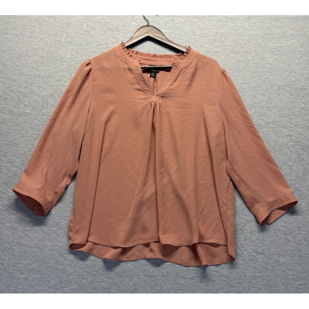 Worthington Blouse Top Women Petite XL Peach Summer 3/4 Sleeve Ruffle Split Neck
